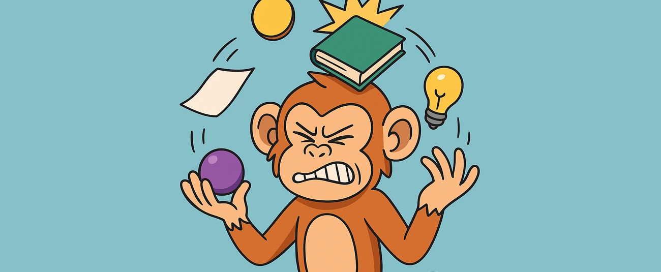 Singe qui jongle avec différents objets mais un livre lui tombe sur la tête et il grimace.